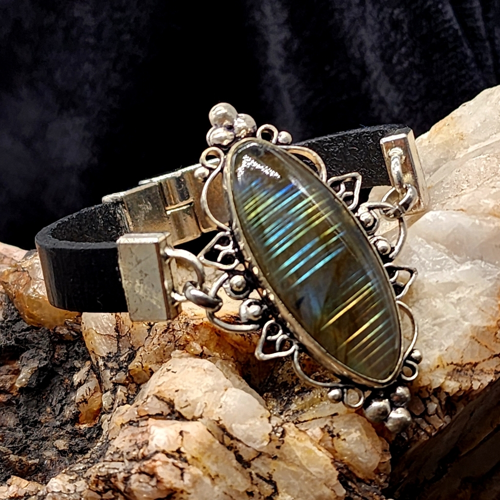 Large Genuine LABRADORITE Stone Rhodium/925 Silver Leather Click Clac Bracelet